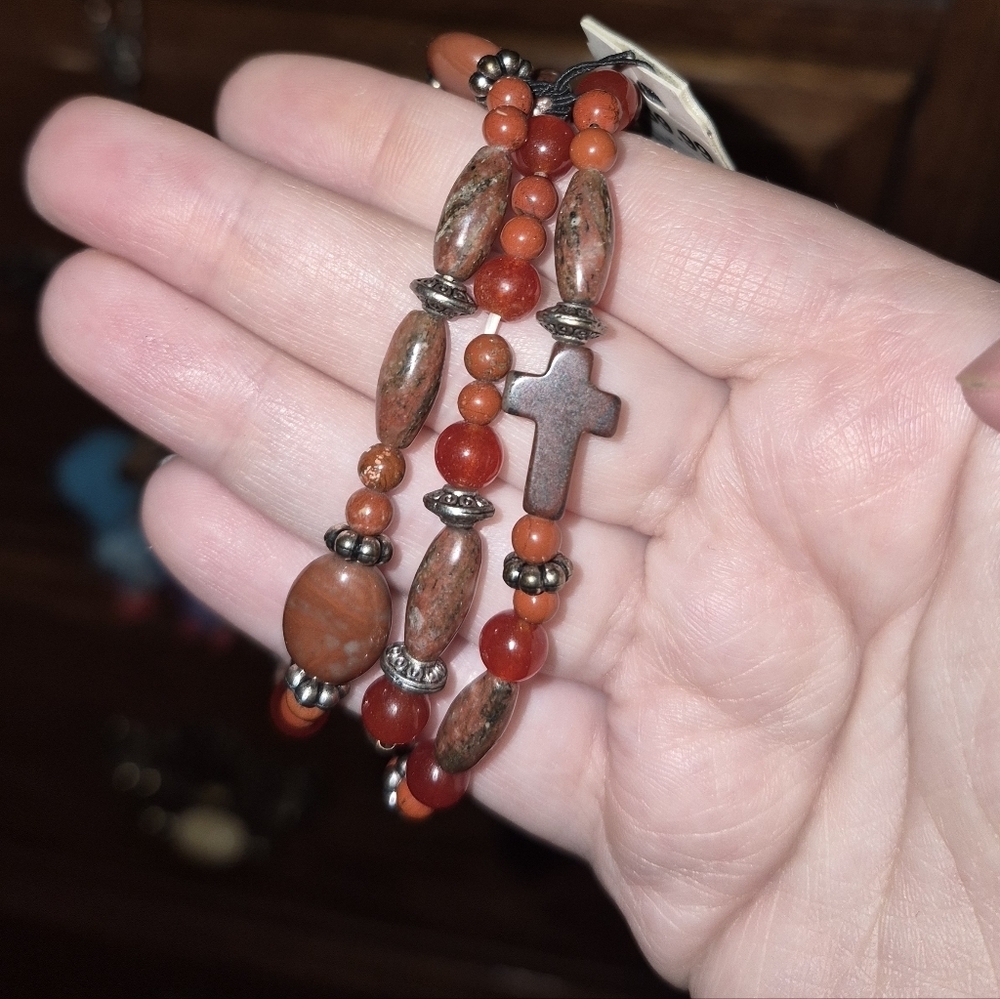 Vintage Believe In.. By Cellini Jasper Beaded Stretch Bracelet With Crosses New